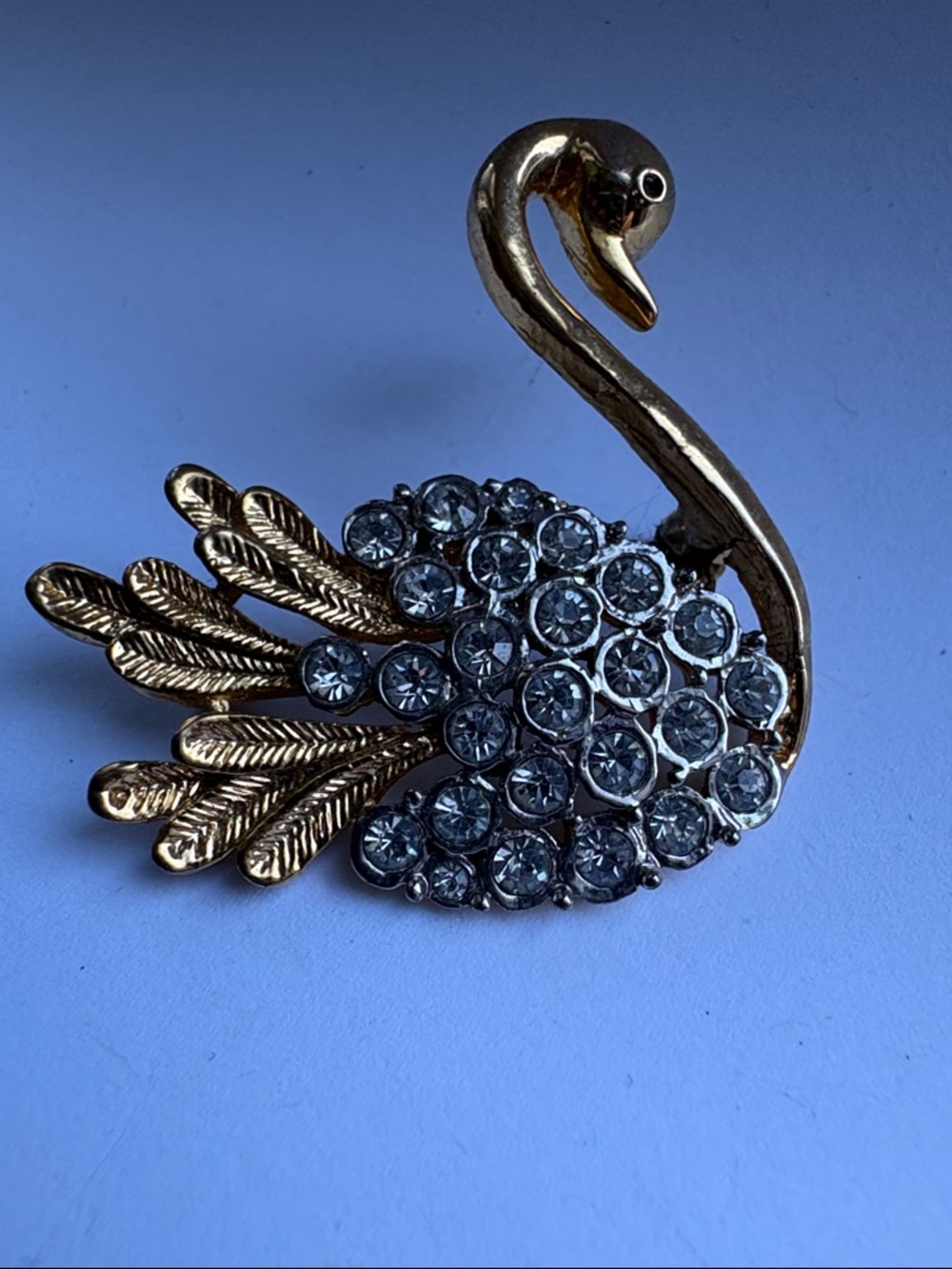Vintage Gold Swan Brooch with Clear Crystal Accents #134